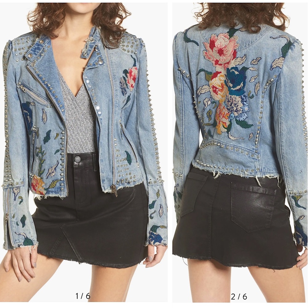 NWOT Embroidered Sea of Flowers STUDDED Denim Moto JACKET XS